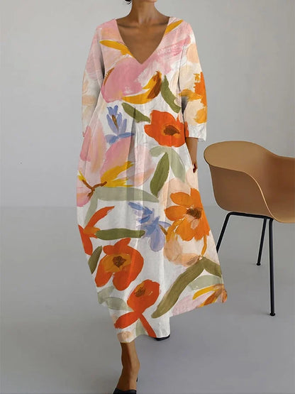 Vibeke | Blomsterprint V-udskæring Kjole