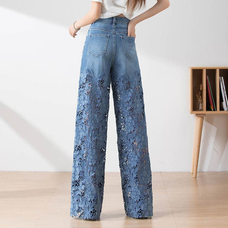 Højtaljede denimjeans med patchwork til kvinder